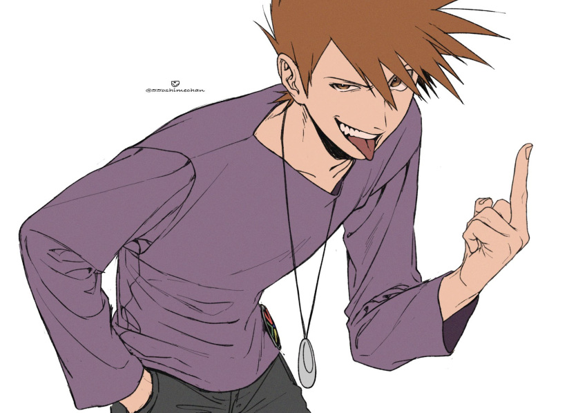 1boy, 55oshimechan, blue_oak, brown_eyes, brown_hair, half-closed_eye, hand_in_pocket, highres