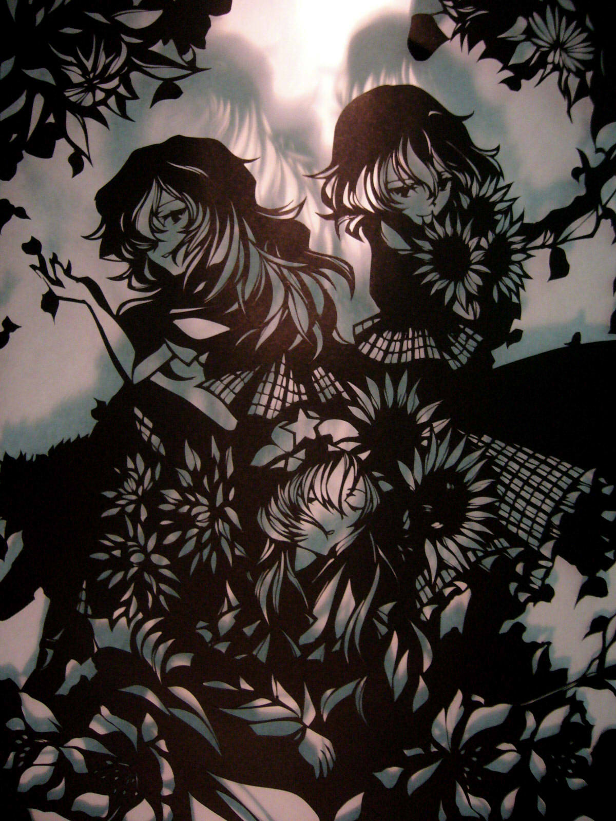 closed_eyes, dual_persona, flower, hair_over_one_eye, highres, kazami_yuuka, kazami_yuuka_(pc-98), kirigami