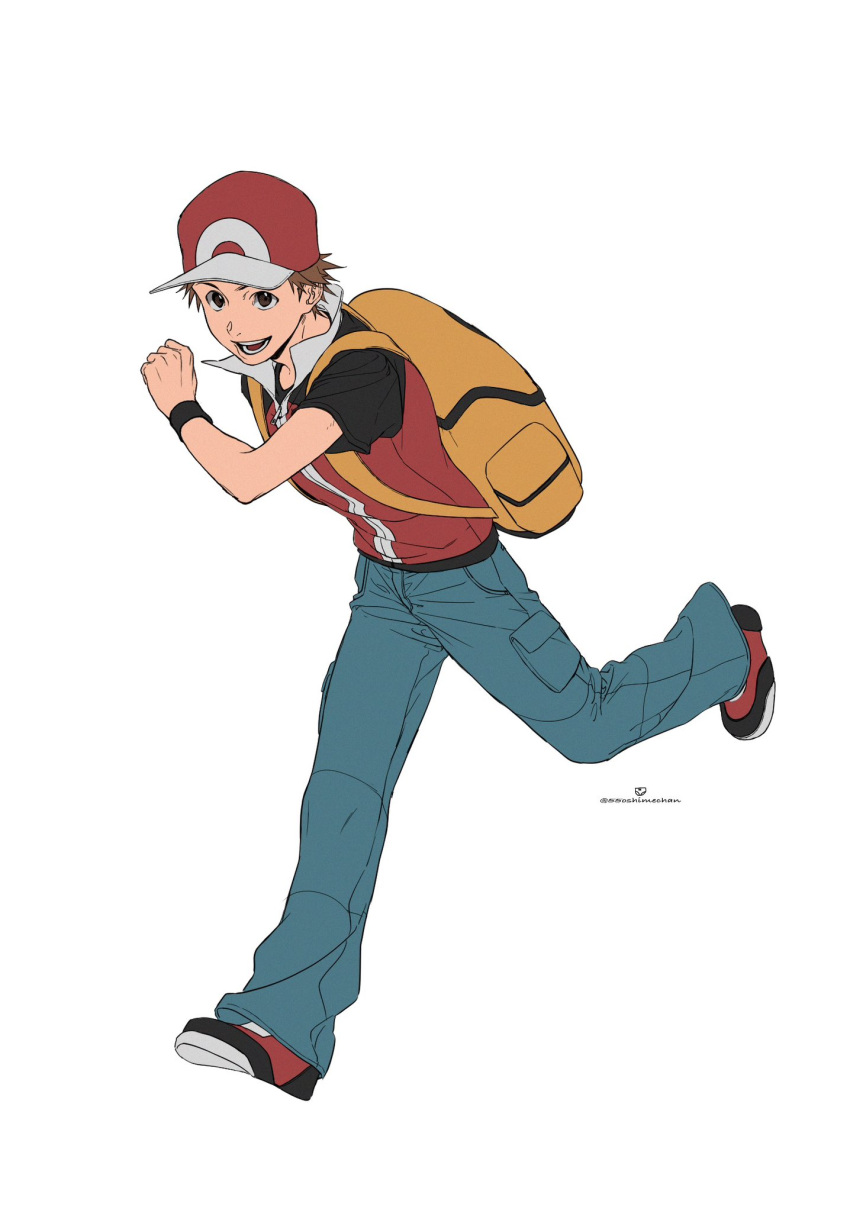 1boy, 55oshimechan, :d, black_shirt, brown_hair, full_body, hand_up, happy