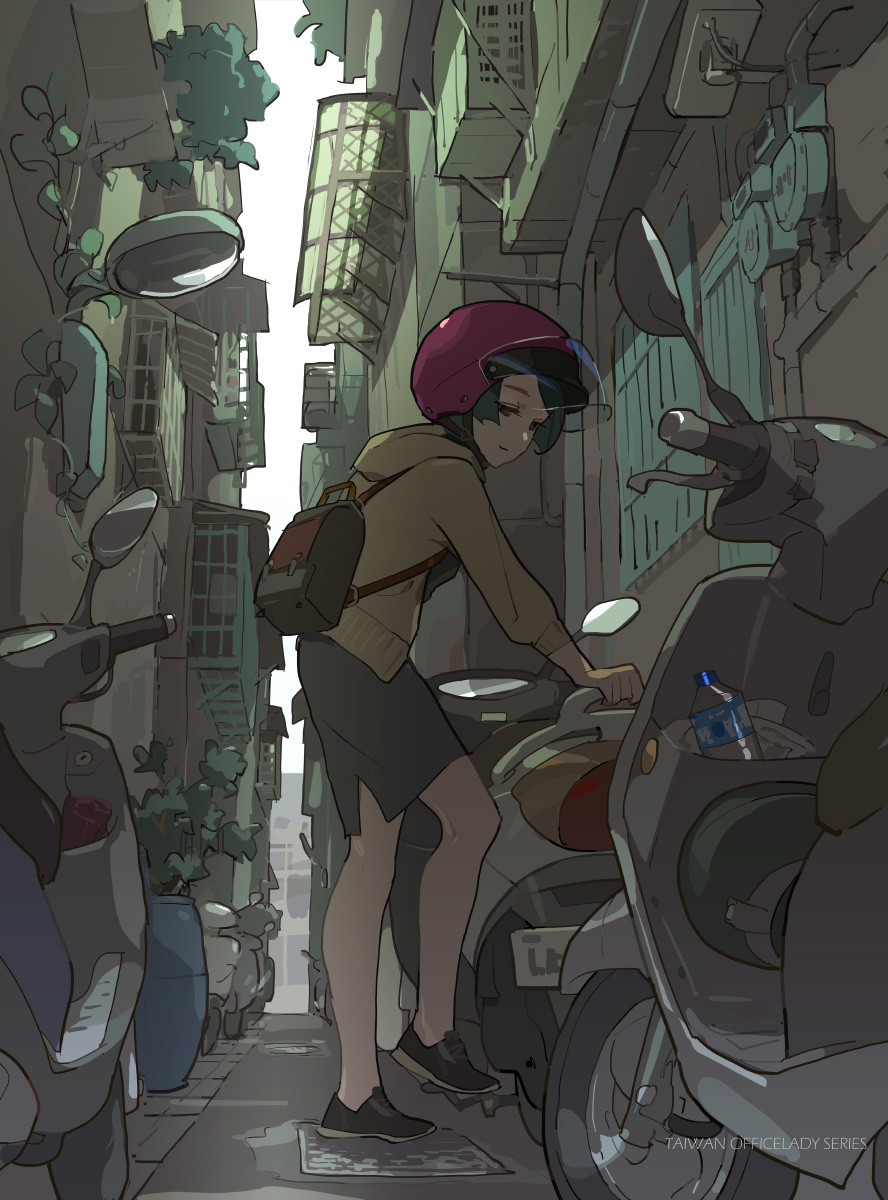 1girl, alley, awning, backpack, bag, black_shoes, bottle, brown_eyes
