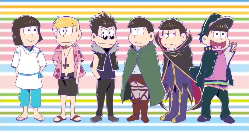 6+boys, aqua_pants, bakemonogatari, black_cape, black_hair, blonde_hair, blunt_bangs, bob_cut