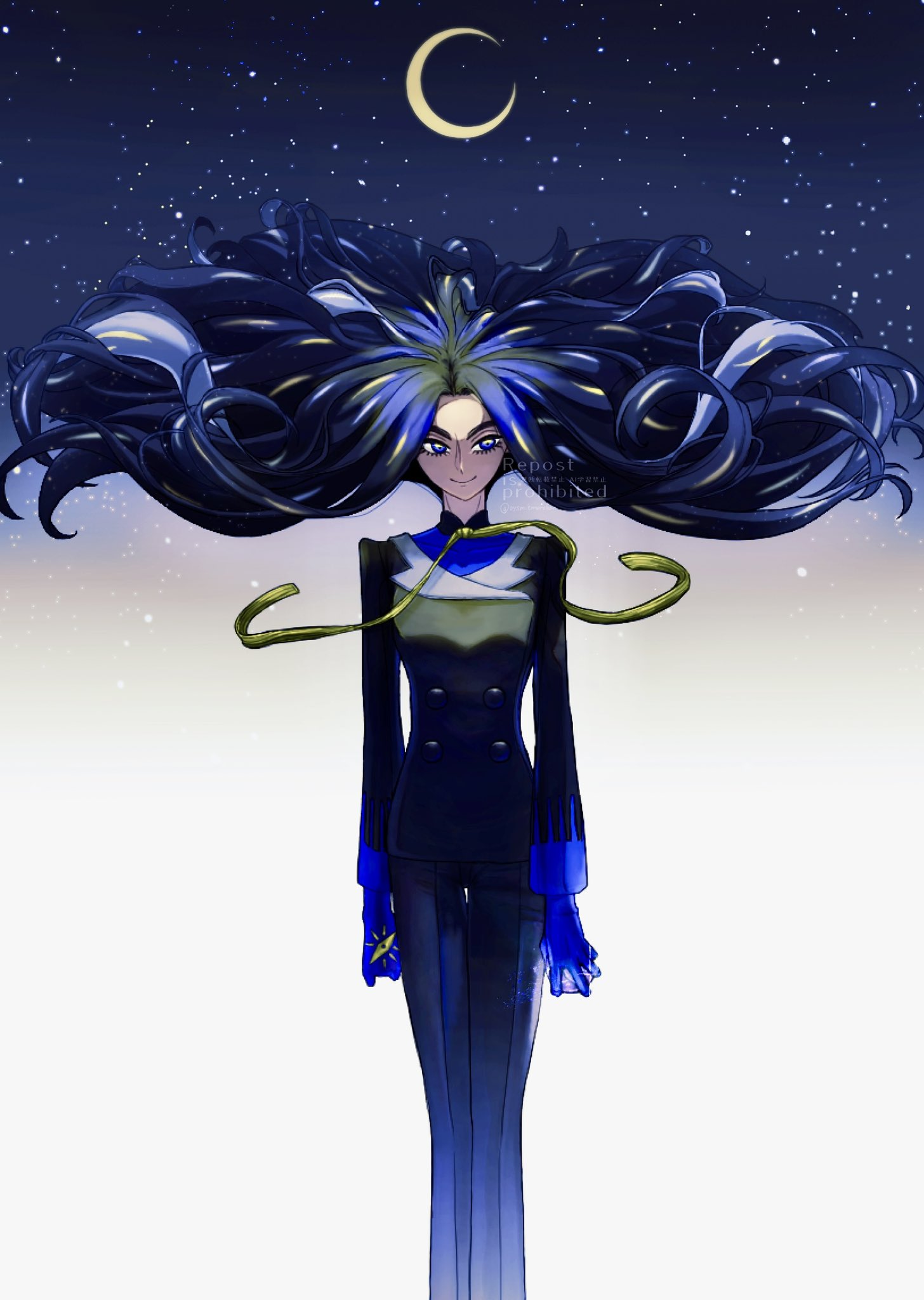 1girl, black_hair, black_jacket, black_pants, blue_eyes, blue_gloves, buttons, closed_mouth