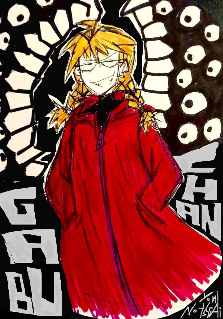 1girl, absurdres, black_background, blonde_hair, braid, clenched_teeth, cloak, extra_eyes