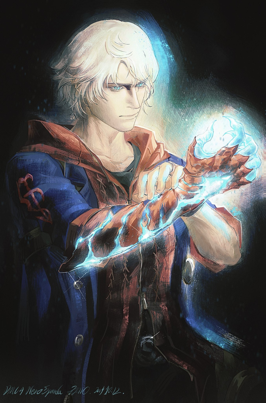 1boy, black_shirt, blue_coat, blue_eyes, chinese_commentary, claws, coat, commentary_request