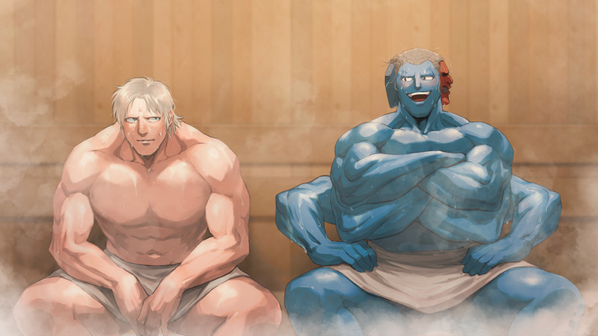 2boys, abs, arms_on_knees, ashuraman, blue_eyes, blue_skin, broad_shoulders, colored_skin