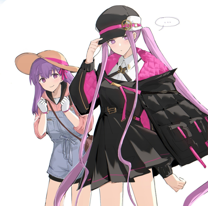 ..., 2girls, adjusting_clothes, adjusting_headwear, arm_at_side, averting_eyes, bag, black_dress