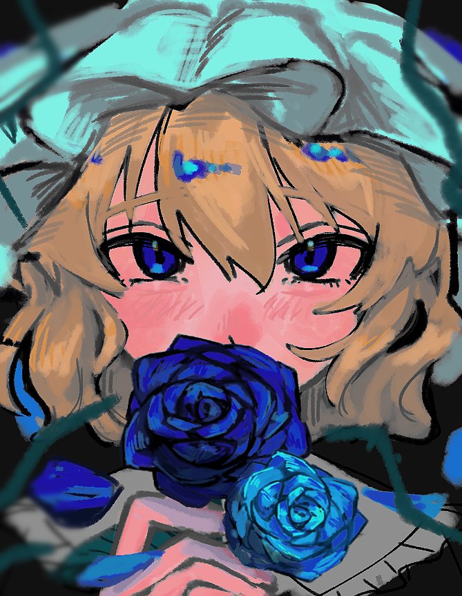 1girl, annindofu_umaaa, black_background, blonde_hair, blue_background, blue_eyes, blue_flower, blue_rose