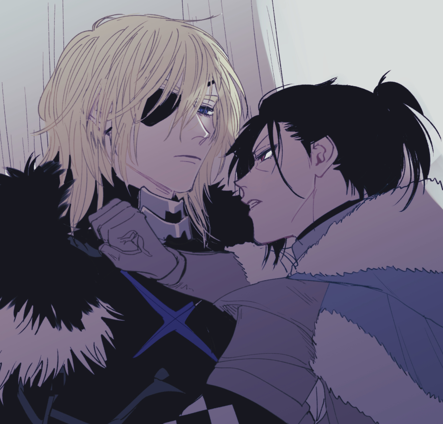 2boys, arm_up, armor, black_armor, black_fur, black_hair, blonde_hair, blue_cape, blue_eyes, breastplate, brown_eyes, cape, clenched_hand, clenched_teeth, closed_mouth, commentary_request, dimitri_alexandre_blaiddyd, dimitri_alexandre_blaiddyd_(post_timeskip), emushino, eye_contact, eyepatch, face-to-face, felix_hugo_fraldarius, fire_emblem, fire_emblem:_three_houses, fur-trimmed_cape, fur-trimmed_gloves, fur-trimmed_hood, fur_trim, gloves, hair_between_eyes, hood, leather_armor, looking_at_another, male_focus, multiple_boys, one_eye_covered, ponytail, short_ponytail, teeth, white_fur