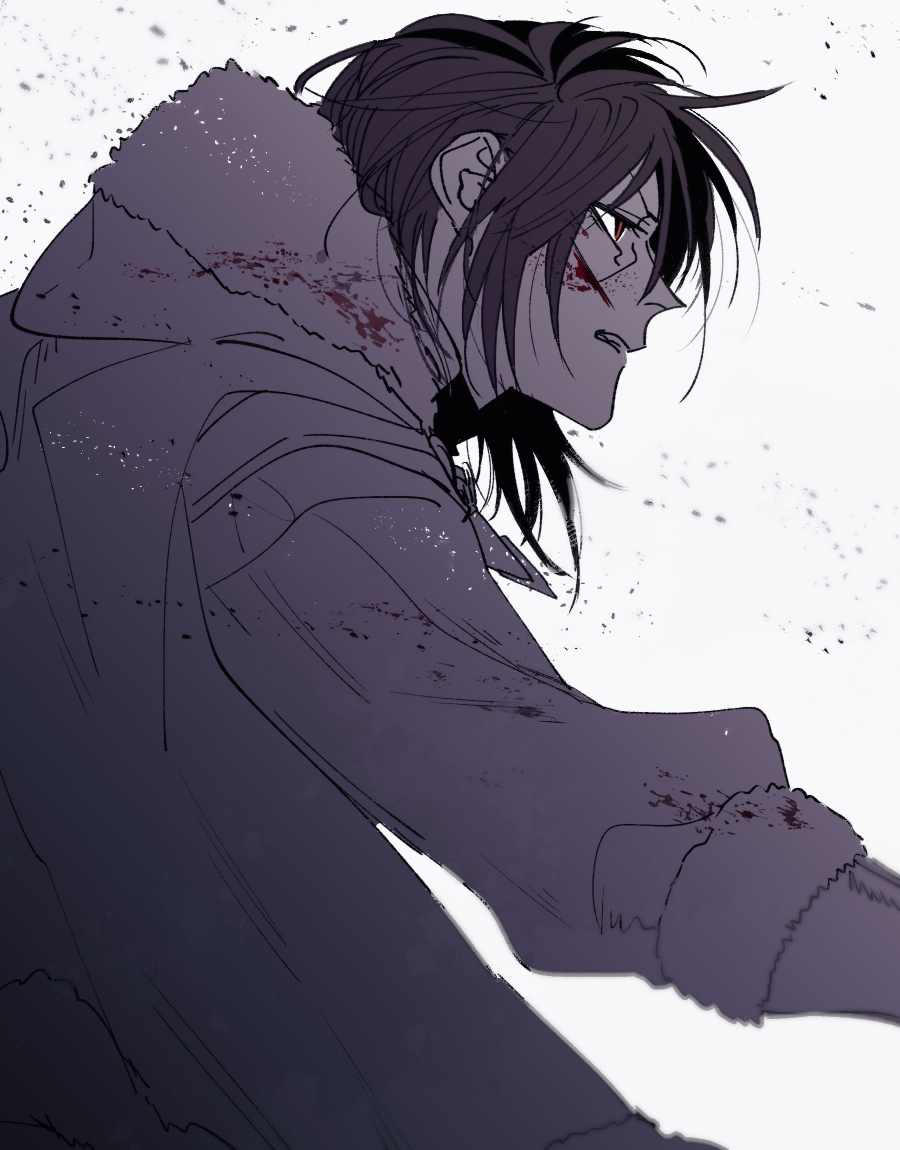 1boy, blood, blood_on_clothes, blood_on_face, cape, clenched_teeth, debris, emushino