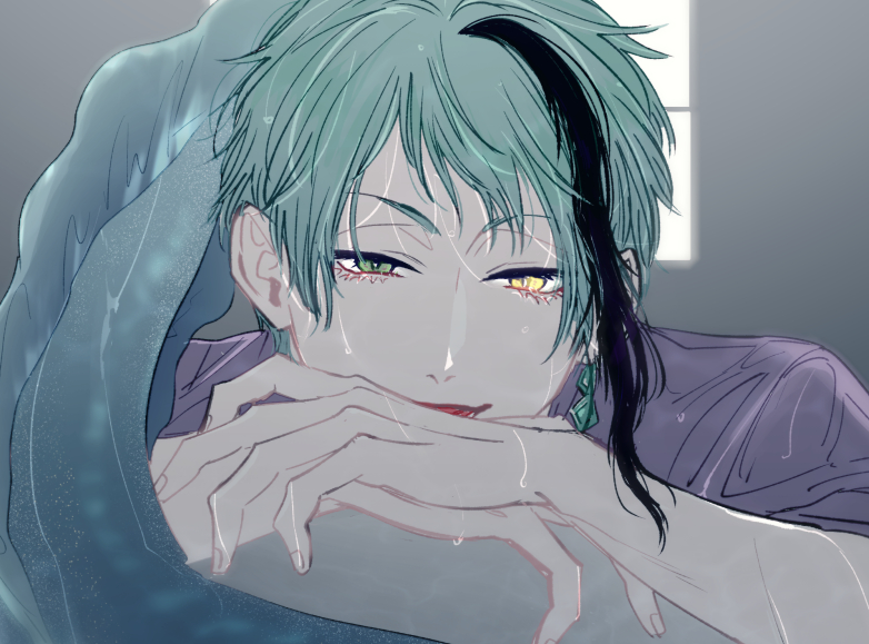 1boy, crossed_arms, earrings, eel, eel_boy, emushino, floyd_leech, green_eyes