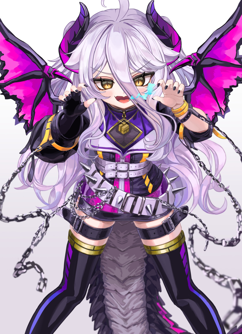 1girl, absurdres, adapted_costume, ahoge, belt, black_gloves, black_nails, black_thighhighs