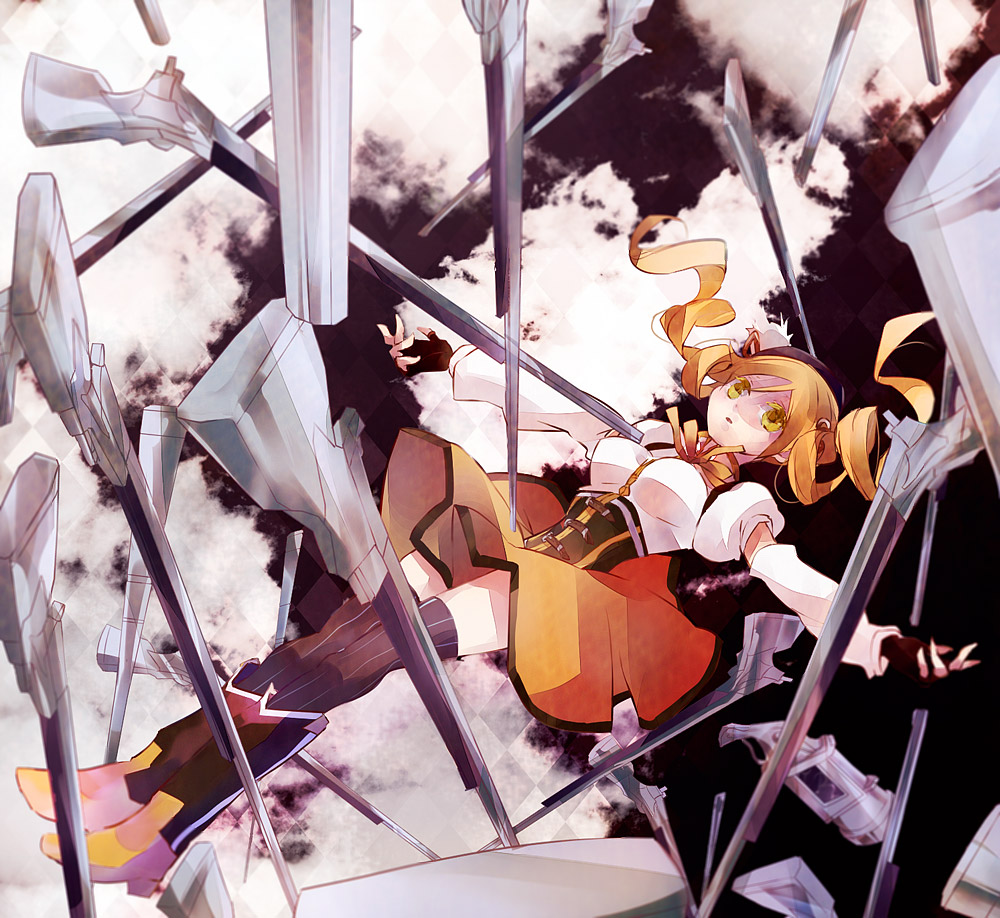 artist_request, beret, blonde_hair, boots, breasts, brown_legwear, cloud, detached_sleeves, drill_hair, empty_eyes, falling, fingerless_gloves, gloves, gun, hair_ornament, hairpin, handgun, hat, large_breasts, magical_girl, magical_musket, mahou_shoujo_madoka_magica, musket, outstretched_arms, pleated_skirt, puffy_sleeves, ribbon, rifle, skirt, sloe_(slow-sloe), smoke, solo, spread_arms, taut_shirt, thigh-highs, thighhighs, tomoe_mami, twin_drills, vertical-striped_legwear, vertical_stripes, weapon, yellow_eyes, zettai_ryouiki
