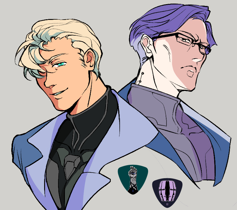 2boys, armored_core, armored_core_vi:_fires_of_rubicon, asymmetrical_bangs, black_bodysuit, blonde_hair, blue_jacket, bodysuit