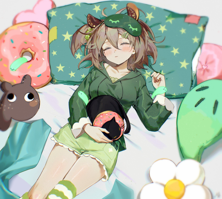 1girl, alternate_costume, ani_019, animal-shaped_pillow, animal_ears, bed, bed_sheet, breasts