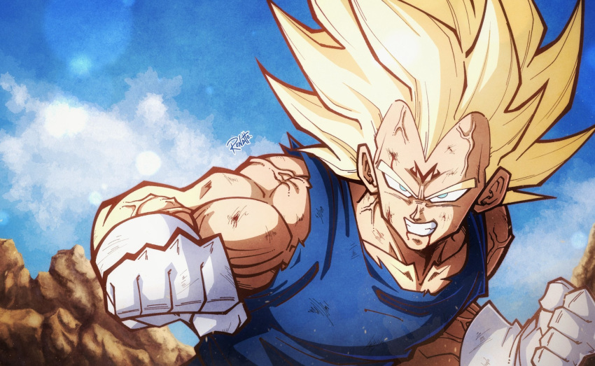 1boy, bare_shoulders, battle_damage, blonde_hair, blood, blood_from_mouth, blood_on_face, blue_bodysuit, bodysuit, dragon_ball, dragon_ball_z, gloves, green_eyes, highres, majin_vegeta, male_focus, medium_hair, muscular, muscular_male, open_mouth, renatt_(rntt_o), solo, spiky_hair, super_saiyan, super_saiyan_2, upper_body, vegeta, white_gloves