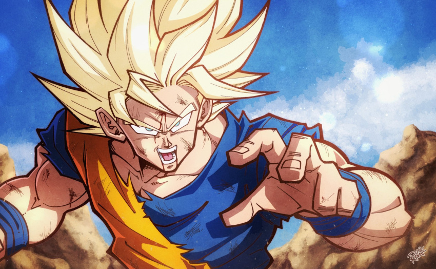 1boy, battle_damage, blonde_hair, blood, blood_from_mouth, blood_on_face, blue_shirt, dougi