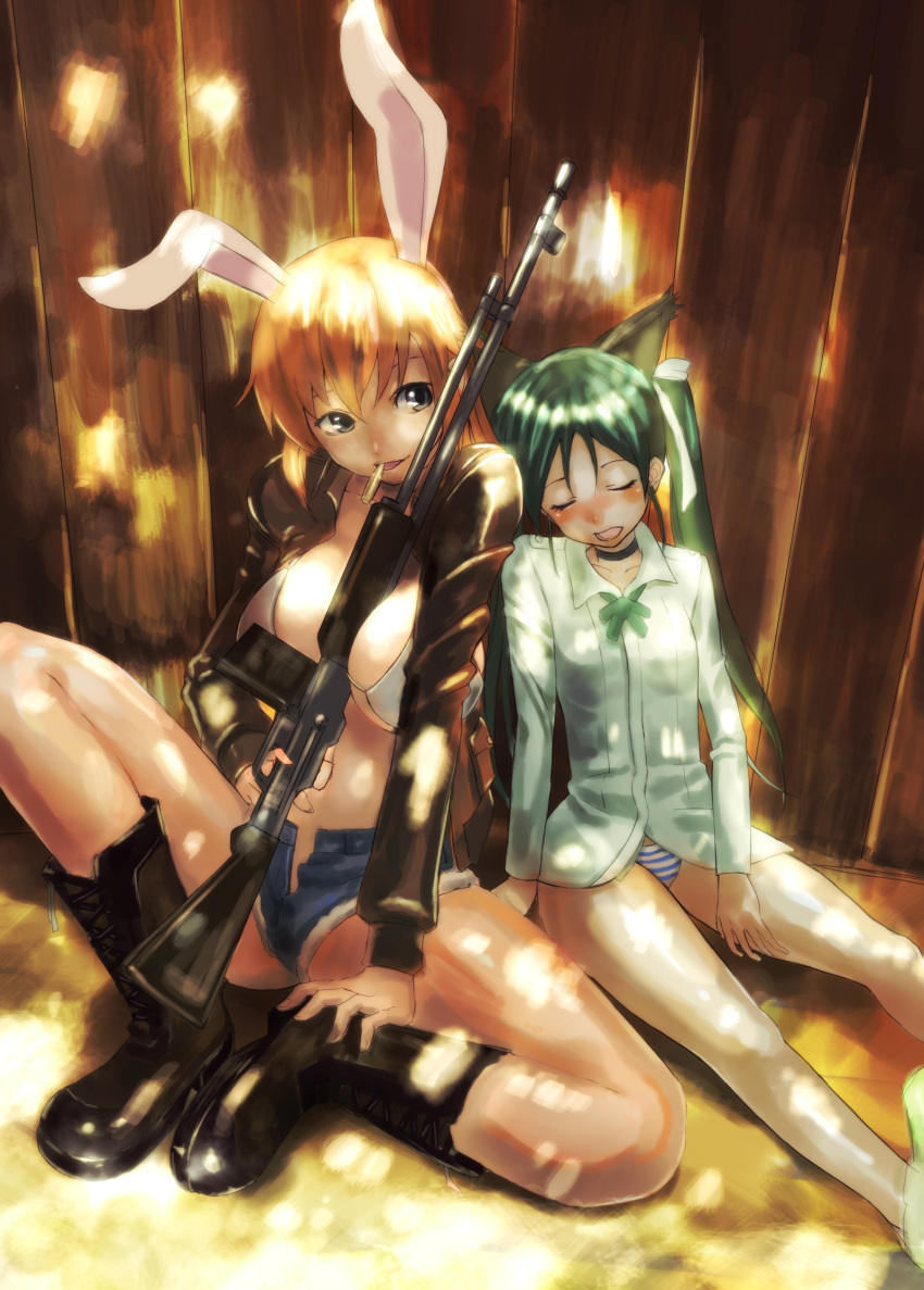animal_ears, bar1918, blue_eyes, boots, bunny_ears, cat_ears, character_request, charlotte_e_yeager