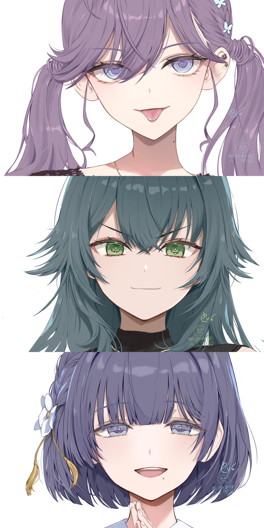3girls, :p, absurdres, bags_under_eyes, braid, butterfly_hair_ornament, commentary, doyagao