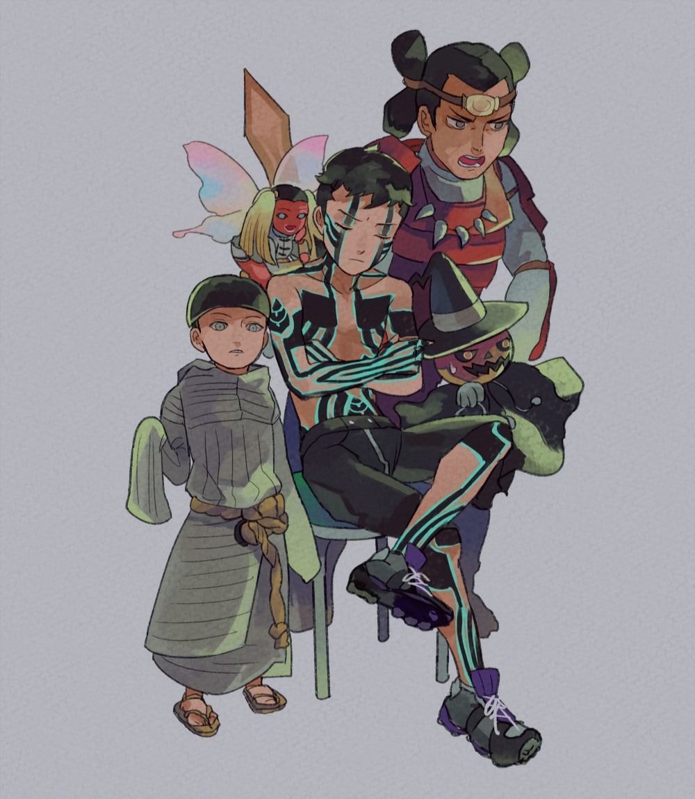 1girl, 1other, 3boys, armor, black_cloak, black_hair, black_shorts, cloak