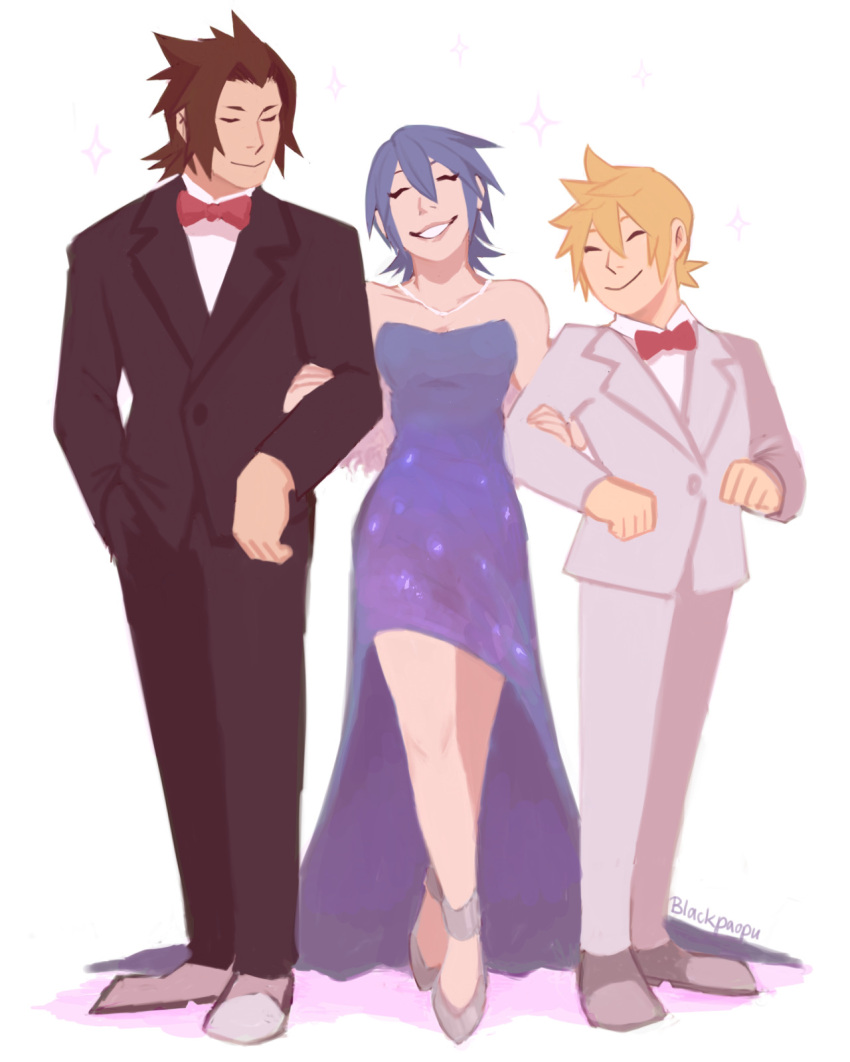 1girl, 2boys, aqua_(kingdom_hearts), artist_name, blackpaopu, blonde_hair, blue_dress, blue_hair