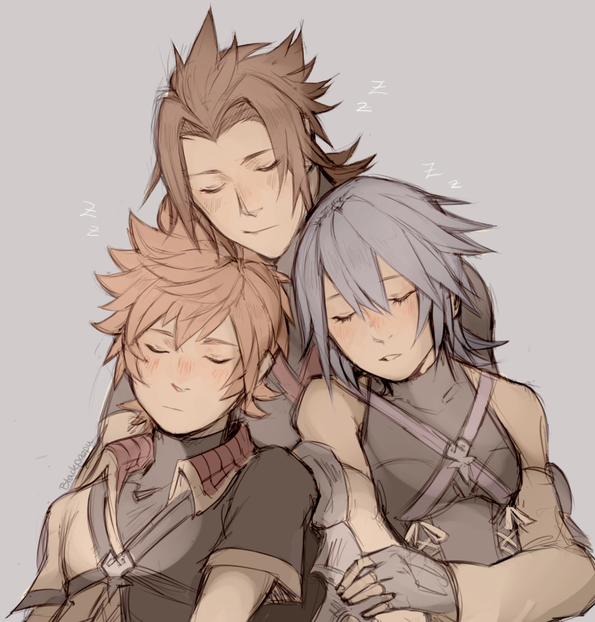 1girl, 2boys, aqua_(kingdom_hearts), blackpaopu, blonde_hair, blue_hair, brown_hair, chest_strap