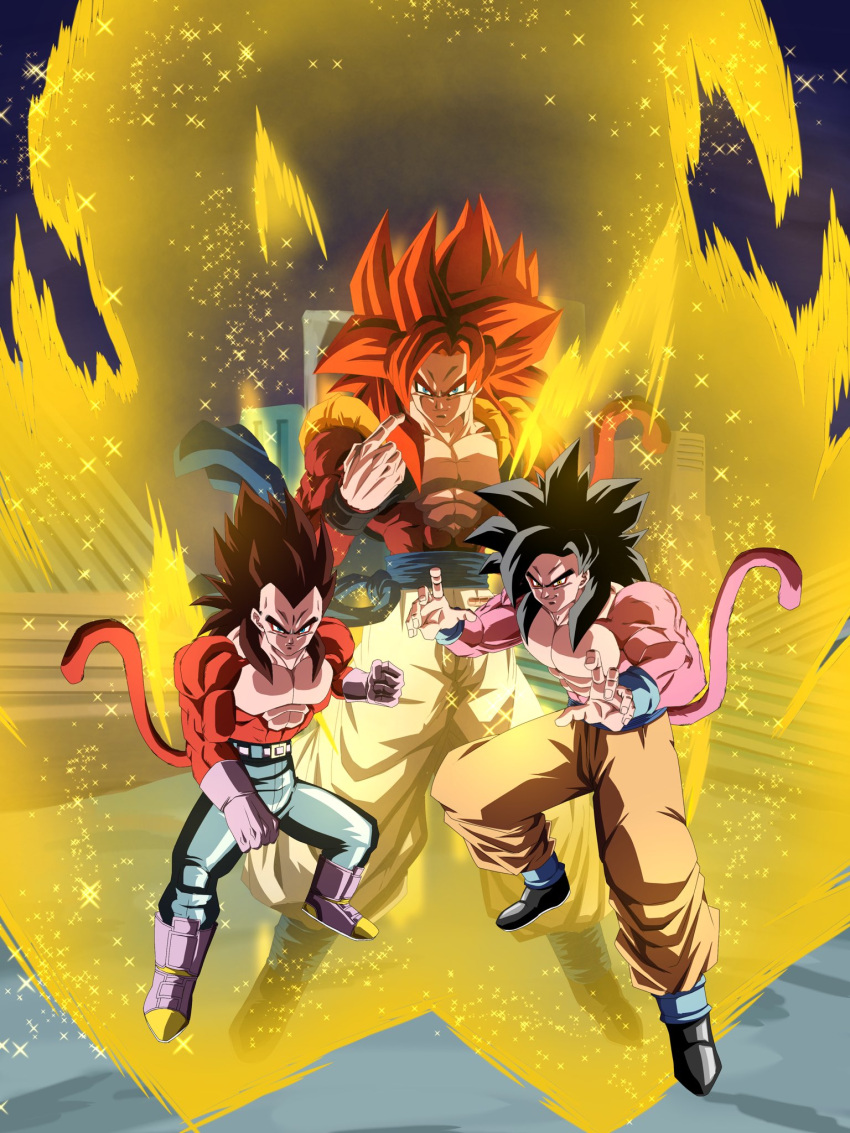 3boys, aura, black_hair, black_vest, blue_pants, blue_sash, body_fur, brown_fur