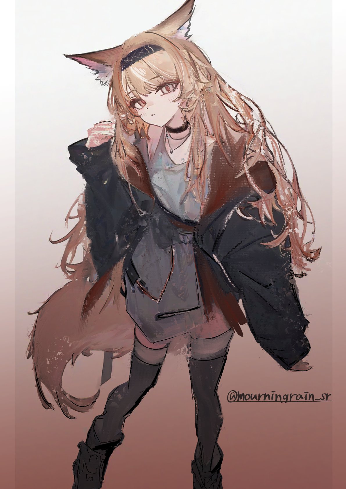 1girl, animal_ear_fluff, animal_ears, arknights, black_choker, black_jacket, black_thighhighs, blonde_hair
