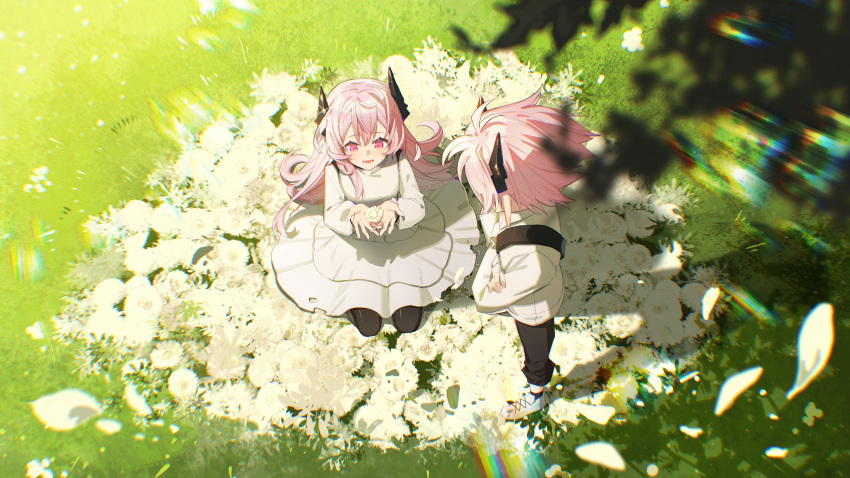 1boy, 1girl, :d, absurdres, acidinjection, aged_down, arknights, black_horns