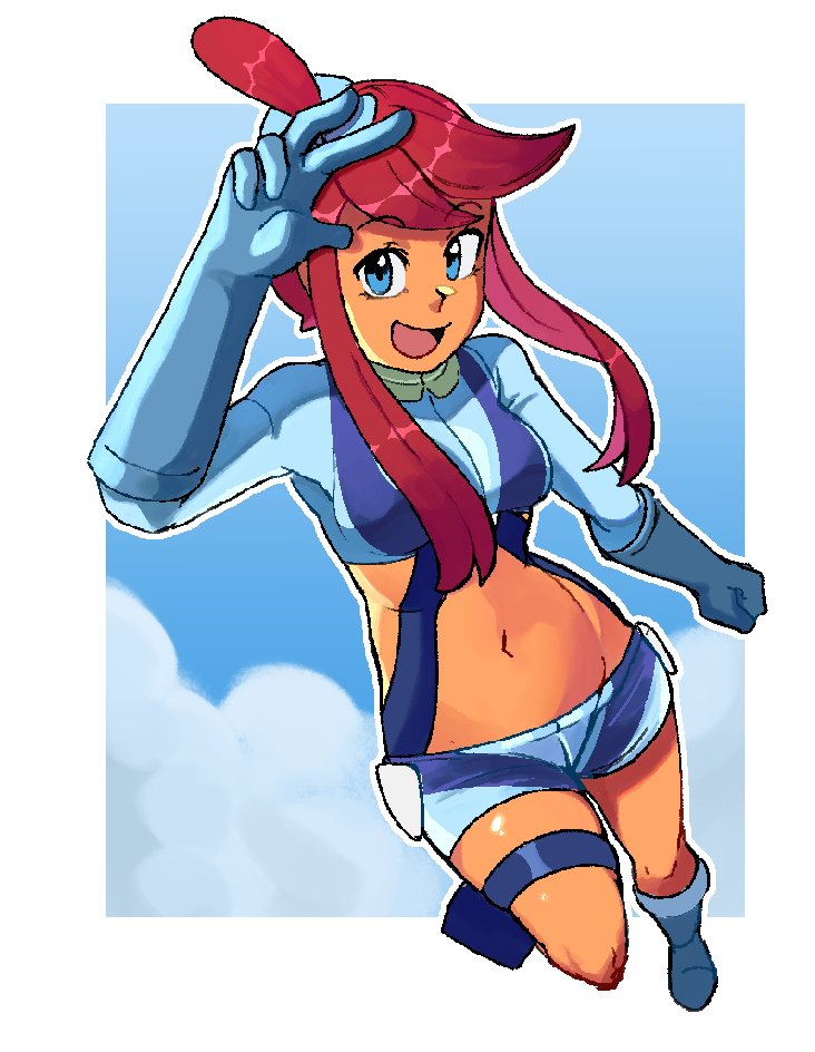 1girl, arm_up, blue_boots, blue_eyes, blue_jacket, blue_shorts, boots, breasts, cropped_jacket, full_body, gloves, hair_ornament, happy, jacket, johnathanpizza, knee_boots, looking_at_viewer, open_mouth, pokemon, pokemon_bw, pouch, short_shorts, shorts, skyla_(pokemon), smile, thigh_pouch