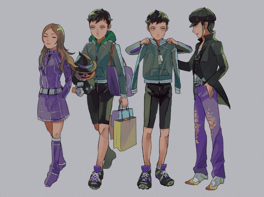 1girl, 2boys, bag, belt, black_hair, black_hat, black_jacket, black_shorts