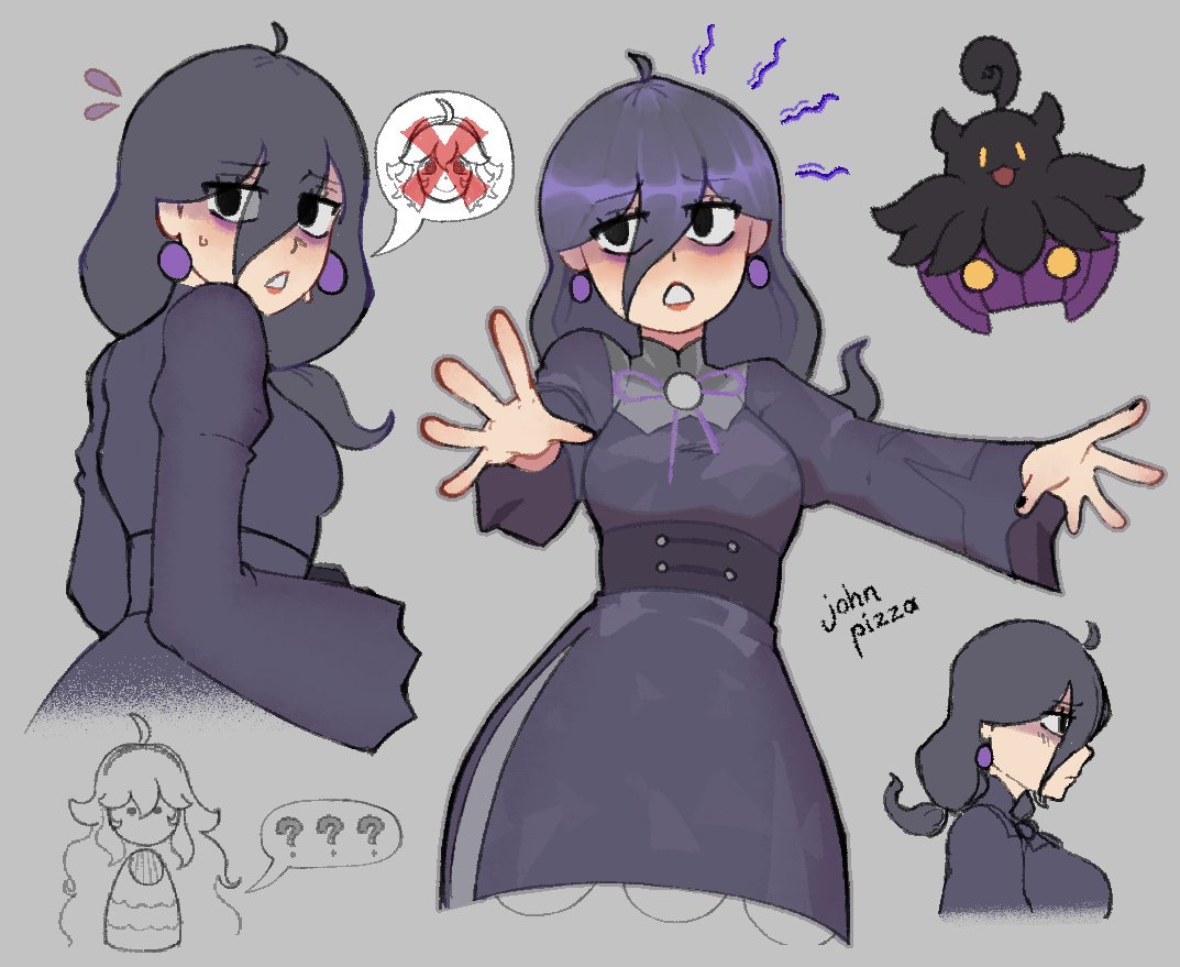 1girl, ?, ??, alternate_color, artist_name, black_eyes, dress, earrings, eyelashes, grey_background, grey_dress, hair_between_eyes, hex_maniac_(pokemon), jewelry, johnathanpizza, long_bangs, long_hair, multiple_views, neck_ribbon, open_mouth, pokemon, pokemon_legends:_z-a, pumpkaboo, purple_ribbon, ribbon, shiny_pokemon, signature, simple_background, speech_bubble, x