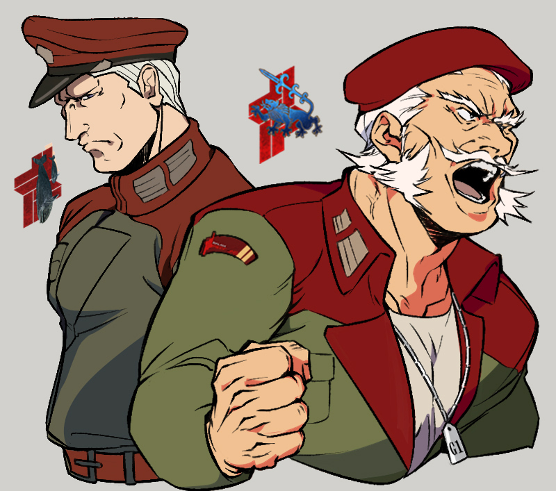 2boys, armored_core, armored_core_vi:_fires_of_rubicon, belt, beret, clenched_hand, collared_jacket, cropped_torso