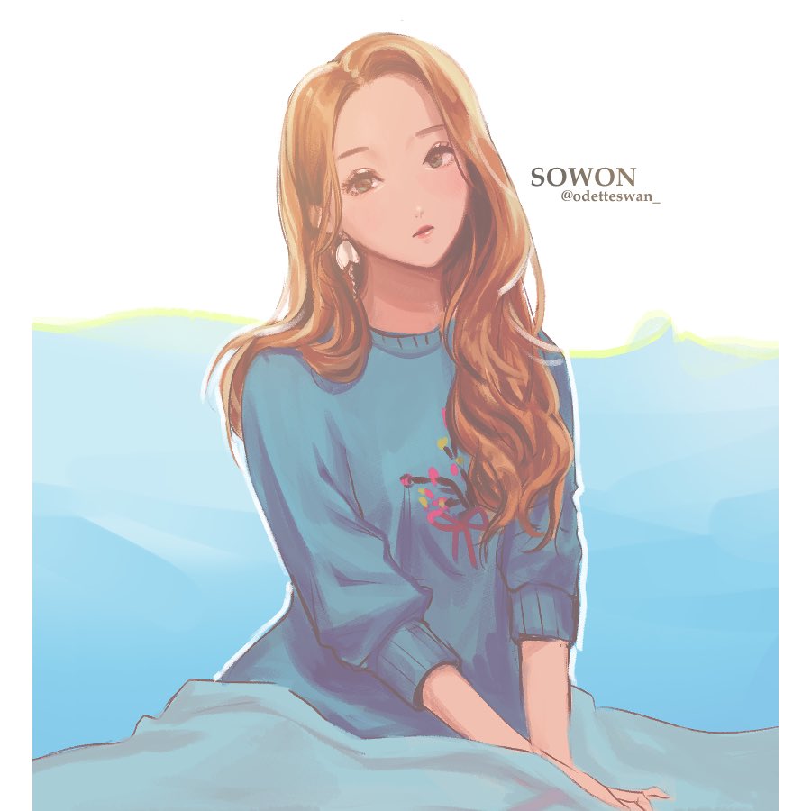 1girl, adirosa, artist_name_(singer), blonde_hair, blue_sweater, closed_mouth, earrings, english_commentary, gfriend, jewelry, k-pop, long_hair, real_life, sitting, solo, sowon_(gfriend), sweater, twitter_username