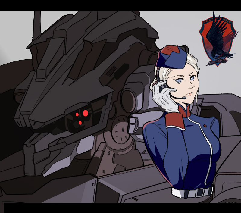 1girl, adjusting_headset, armored_core, armored_core_vi:_fires_of_rubicon, belt, black_border, blue_eyes, blue_hat
