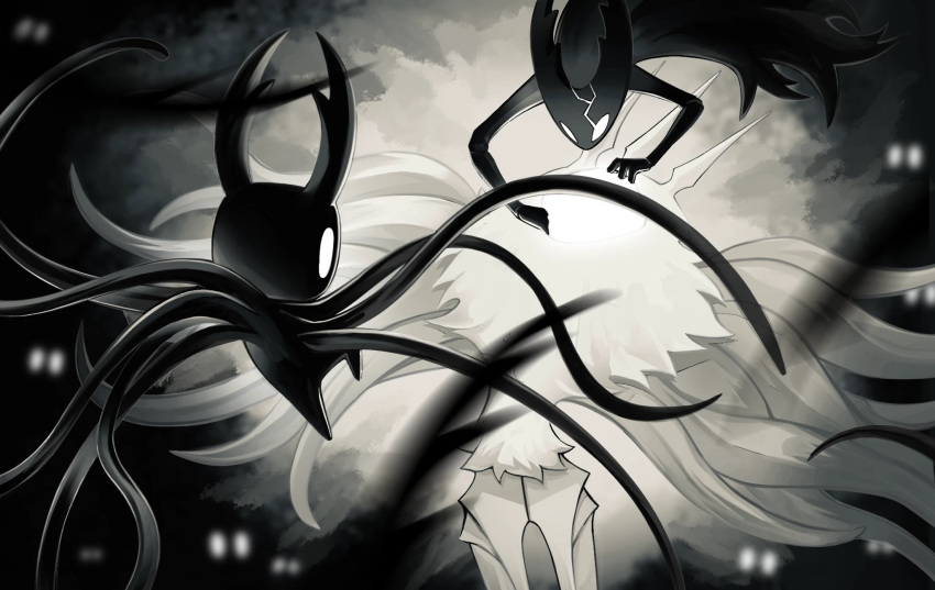 3others, black_background, black_cape, black_horns, black_skin, cape, colored_skin, crack