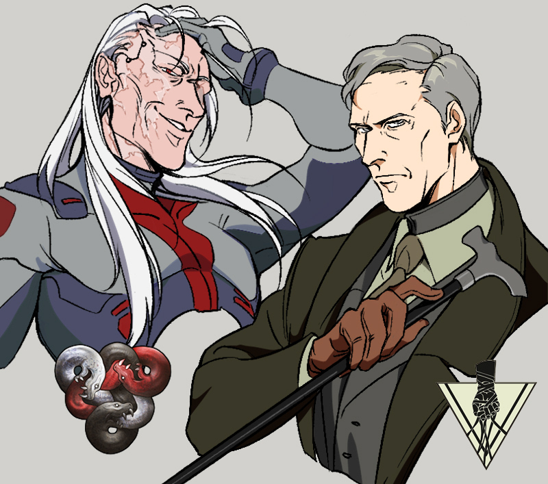 2boys, adjusting_hair, armored_core, armored_core_vi:_fires_of_rubicon, blue_bodysuit, bodysuit, brown_gloves, burn_scar