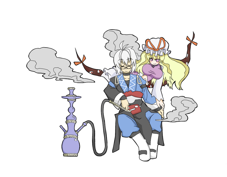 blonde_hair, breasts, gap, hat, hookah, long_hair, morichika_rinnosuke, sag