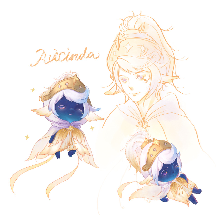 1boy, armor, avicinda_(infinity_nikki), bow, bowtie, character_name, chinese_commentary, cloak, closed_mouth, commentary_request, creature_and_personification, cropped_torso, ethyfox, faewish_sprite, floating, frown, gold_armor, gradient_clothes, hand_on_own_stomach, high_ponytail, highres, hood, hood_down, hooded_cloak, infinity_nikki, injury, lips, long_hair, looking_at_viewer, lying, male_focus, messy_hair, multiple_views, nikki_(series), on_back, personification, ponytail, purple_cloak, ribbon, scar, scar_across_eye, simple_background, smile, sparkle, thick_eyebrows, violet_eyes, visor_(armor), white_background, yellow_bow, yellow_bowtie, yellow_ribbon