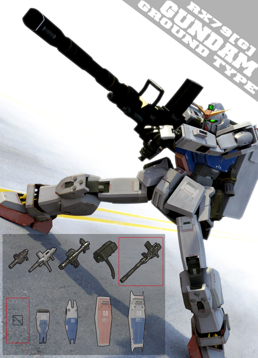 3d, aiming, bazooka_(gundam), beam_rifle, cannon, character_name, commentary_request, earth_federation, energy_gun, g-db, ground_gundam, gun, gundam, gundam_08th_ms_team, highres, machinery, mecha, mecha_focus, missile_pod, mobile_suit, no_humans, realistic, robot, science_fiction, shield, v-fin, weapon
