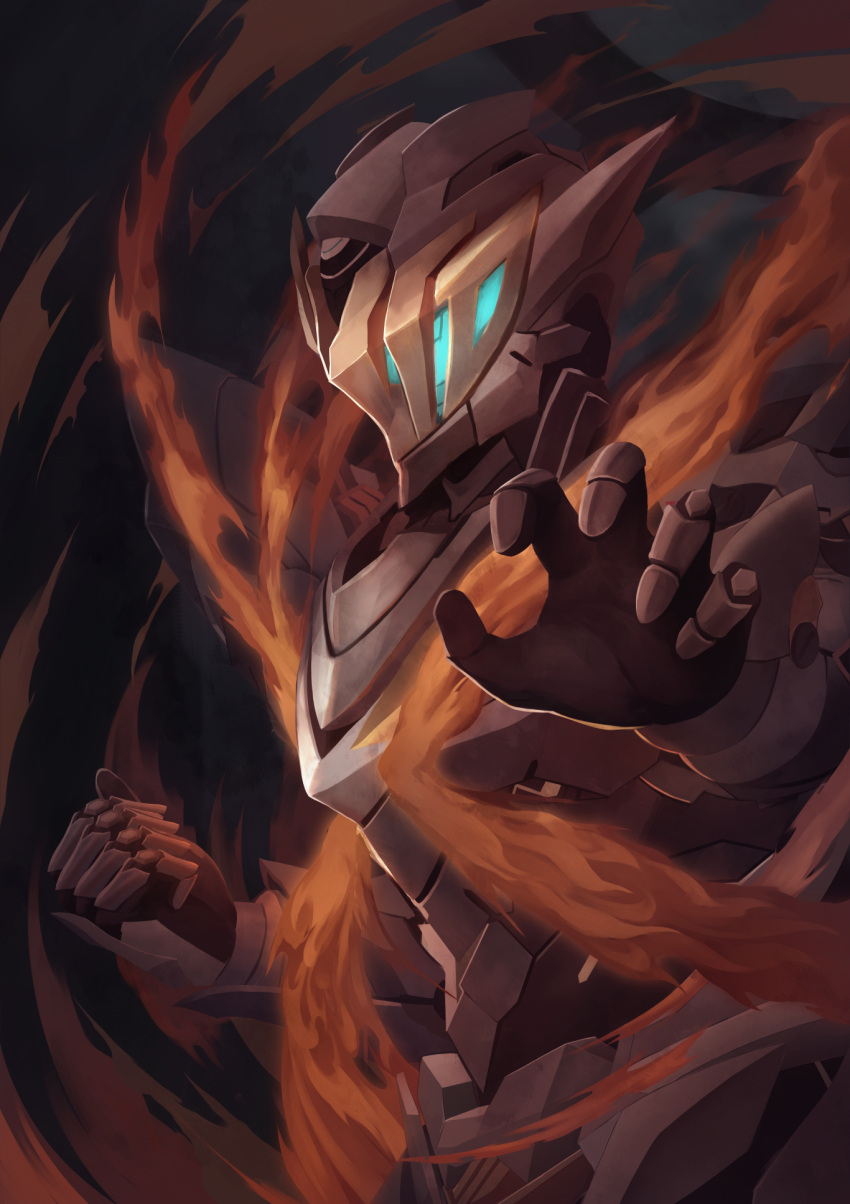 1other, armor, black_background, clenched_hand, fighting_stance, fire, from_side, full_armor, helmet, highres, honkai:_star_rail, honkai_(series), sam_(honkai:_star_rail), shoulder_pads, upper_body, zurrohartz