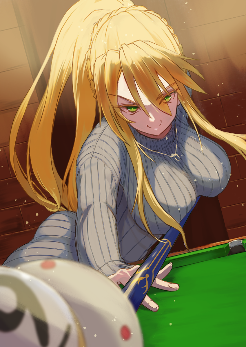 1girl, artoria_pendragon_(fate), artoria_pendragon_(lancer)_(fate), ball, billiard_ball, braid, breasts, chain, chain_necklace, fate/grand_order, fate_(series), green_eyes, hair_between_eyes, hand_on_table, highres, holding_cue_stick, inugami86, jewelry, large_breasts, leotard, long_hair, necklace, playing_games, pool_table, smile, table