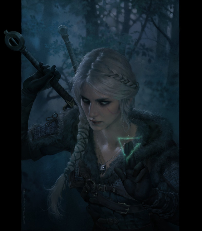 1girl, black_gloves, braid, braided_ponytail, ciri, gloves, hellstern, highres