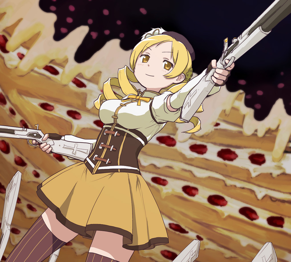beret, blonde_hair, blurry, brown_legwear, depth_of_field, detached_sleeves, drill_hair, dual_wielding