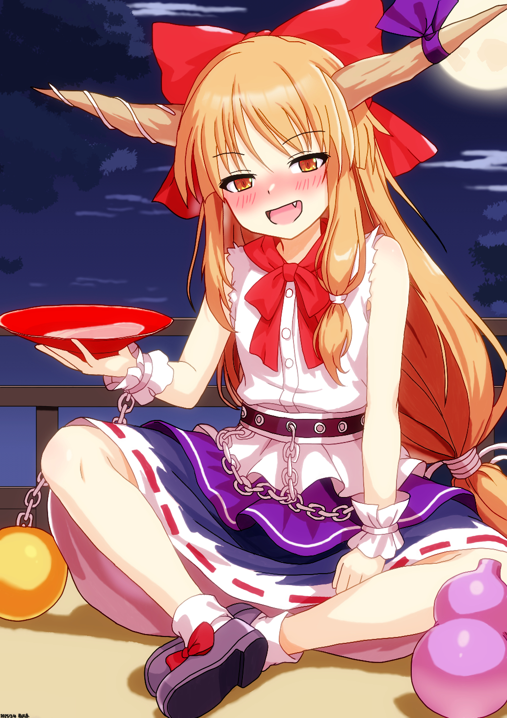 1girl, ball_and_chain_restraint, blush, bow, brown_horns, chain, commentary, cup