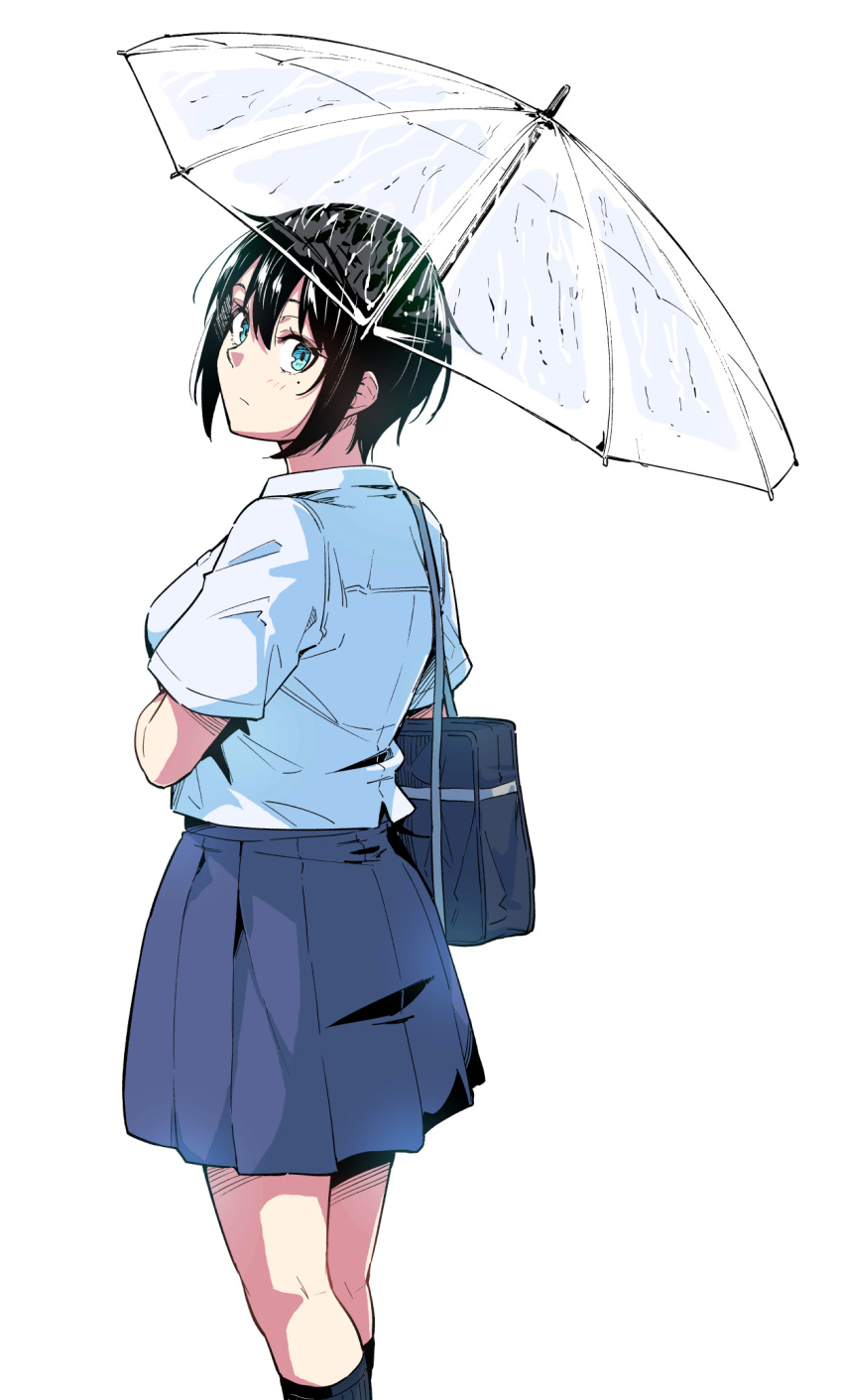 1girl, bag, black_hair, black_socks, blue_eyes, blue_skirt, breasts, closed_mouth