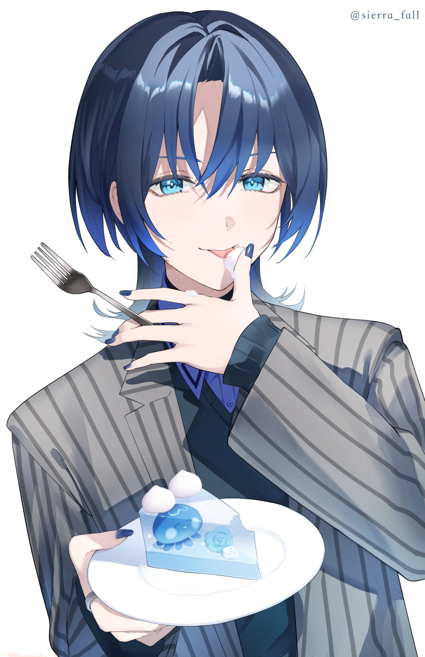 1girl, absurdres, blue_eyes, cake, food, grey_suit, highres, hiodoshi_ao