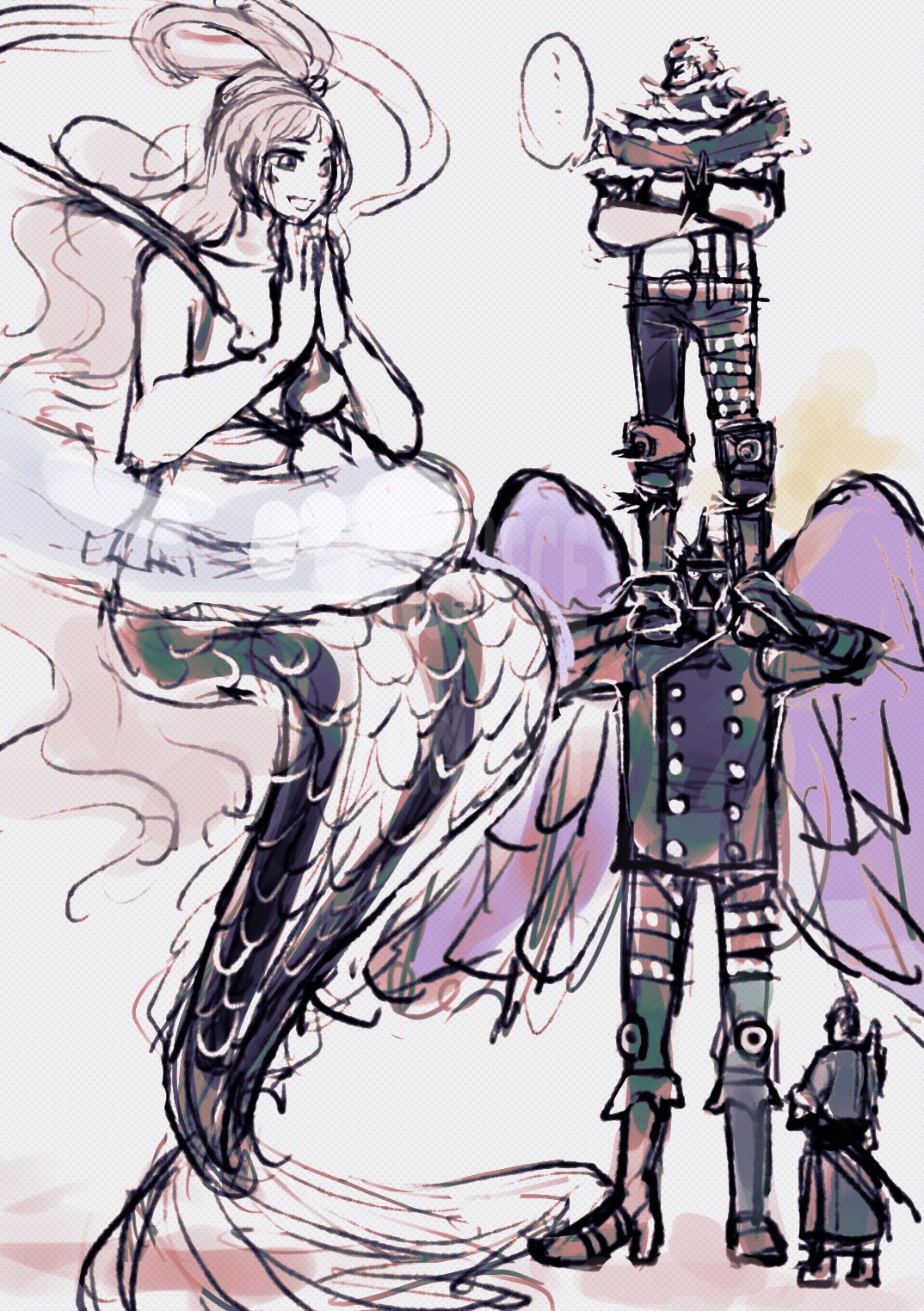 ..., 1girl, 3boys, boots, charlotte_katakuri, commentary, crossed_arms, hagoromo