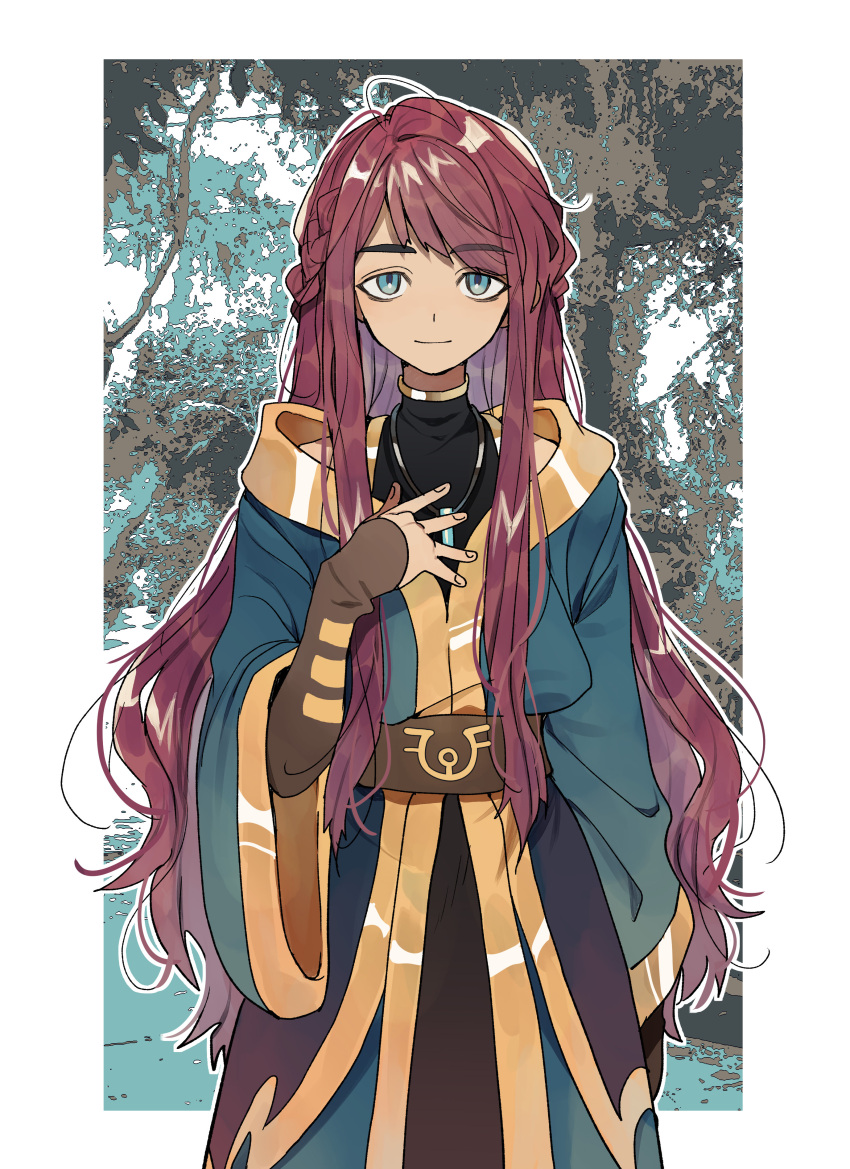 1boy, absurdres, aqua_eyes, aqua_robe, arm_at_side, black_shirt, black_sleeves, border