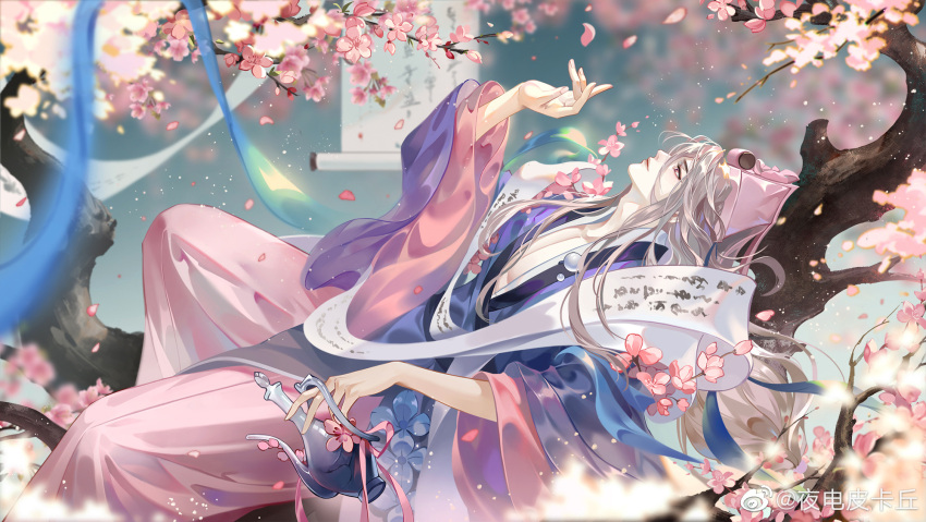 1boy, bishounen, blue_flower, blue_hanfu, cherry_blossoms, chinese_clothes, closed_mouth, day, eyelashes, feet_out_of_frame, flower, grey_hair, hair_between_eyes, hand_up, hanfu, hat, highres, holding, holding_teapot, light_particles, lips, long_hair, long_sleeves, looking_up, lying, male_focus, on_back, outdoors, petals, pink_flower, pink_hanfu, pink_hat, pink_lips, scroll, sidelocks, solo, spring_(season), tang_yin_(wang_chuan_feng_hua_lu), teapot, two-tone_hanfu, very_long_hair, wang_chuan_feng_hua_lu, watermark, weibo_watermark, wide_sleeves, ye_dian_pika_qiu, yellow_eyes, yuanlingpao