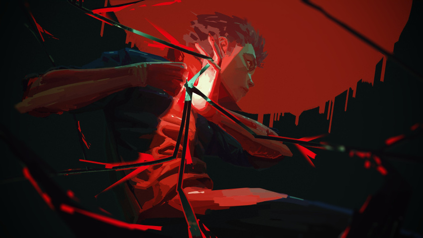 1boy, clenched_hands, commentary, english_commentary, from_side, highres, itadori_yuuji, jujutsu_kaisen